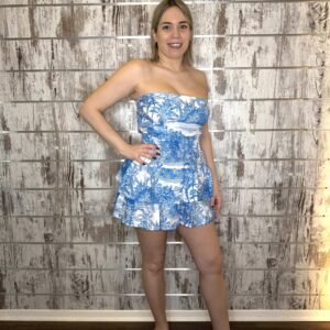 Abito fascia corto lino Toile de Jouy Azzurro