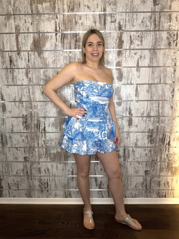 Abito fascia corto lino Toile de Jouy Azzurro