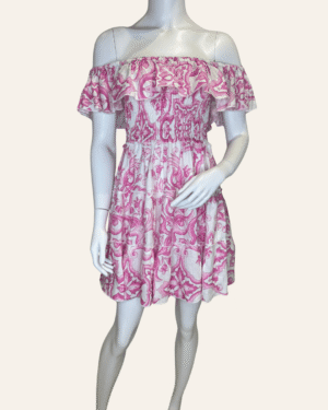 Abito corto spalla fru fru maiolica rosa