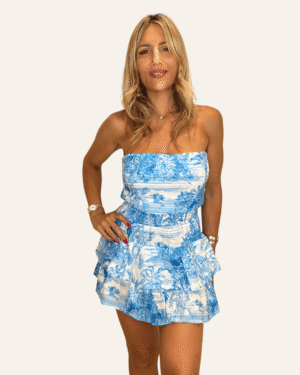 Abito fascia corto lino Toile de Jouy Azzurro